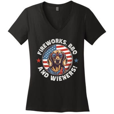 Fireworks BBQ & wieners Funny Weiner Dog July 4th Dachshund Women's V-Neck T-Shirt