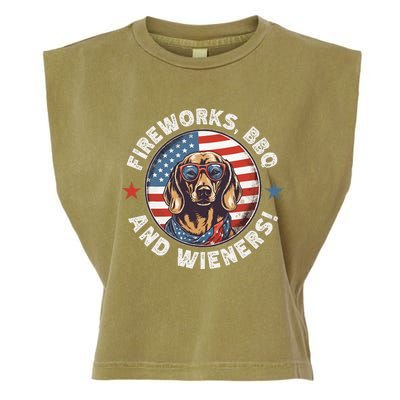 Fireworks BBQ & wieners Funny Weiner Dog July 4th Dachshund Garment-Dyed Women's Muscle Tee