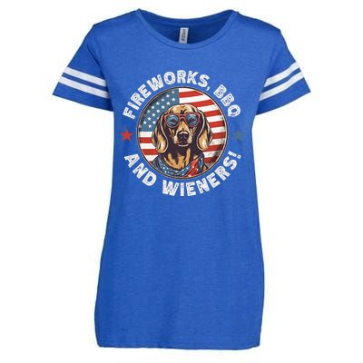 Fireworks BBQ & wieners Funny Weiner Dog July 4th Dachshund Enza Ladies Jersey Football T-Shirt