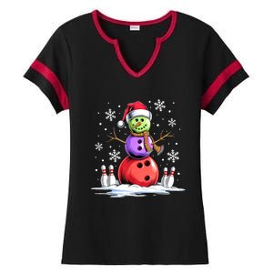 Funny Bowling Xmas Snowman Bowling Player Santa Hat Christmas Sports Gift Ladies Halftime Notch Neck Tee