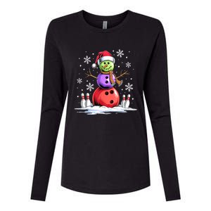 Funny Bowling Xmas Snowman Bowling Player Santa Hat Christmas Sports Gift Womens Cotton Relaxed Long Sleeve T-Shirt