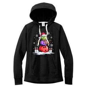 Funny Bowling Xmas Snowman Bowling Player Santa Hat Christmas Sports Gift Women's Fleece Hoodie