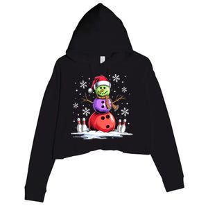 Funny Bowling Xmas Snowman Bowling Player Santa Hat Christmas Sports Gift Crop Fleece Hoodie