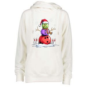 Funny Bowling Xmas Snowman Bowling Player Santa Hat Christmas Sports Gift Womens Funnel Neck Pullover Hood