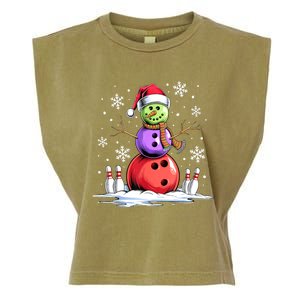 Funny Bowling Xmas Snowman Bowling Player Santa Hat Christmas Sports Gift Garment-Dyed Women's Muscle Tee