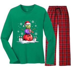 Funny Bowling Xmas Snowman Bowling Player Santa Hat Christmas Sports Gift Women's Long Sleeve Flannel Pajama Set 