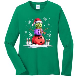 Funny Bowling Xmas Snowman Bowling Player Santa Hat Christmas Sports Gift Ladies Long Sleeve Shirt