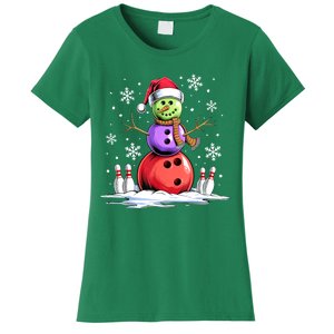 Funny Bowling Xmas Snowman Bowling Player Santa Hat Christmas Sports Gift Women's T-Shirt