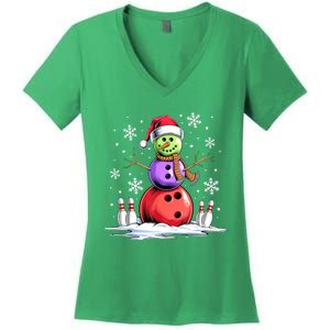 Funny Bowling Xmas Snowman Bowling Player Santa Hat Christmas Sports Gift Women's V-Neck T-Shirt