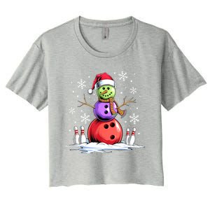 Funny Bowling Xmas Snowman Bowling Player Santa Hat Christmas Sports Gift Women's Crop Top Tee