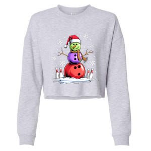 Funny Bowling Xmas Snowman Bowling Player Santa Hat Christmas Sports Gift Cropped Pullover Crew