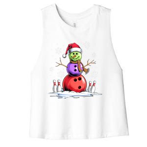 Funny Bowling Xmas Snowman Bowling Player Santa Hat Christmas Sports Gift Women's Racerback Cropped Tank