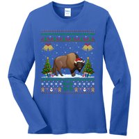 Funny Bison Xmas Gift Santa Hat Ugly Bison Christmas Cute Gift Ladies Long Sleeve Shirt