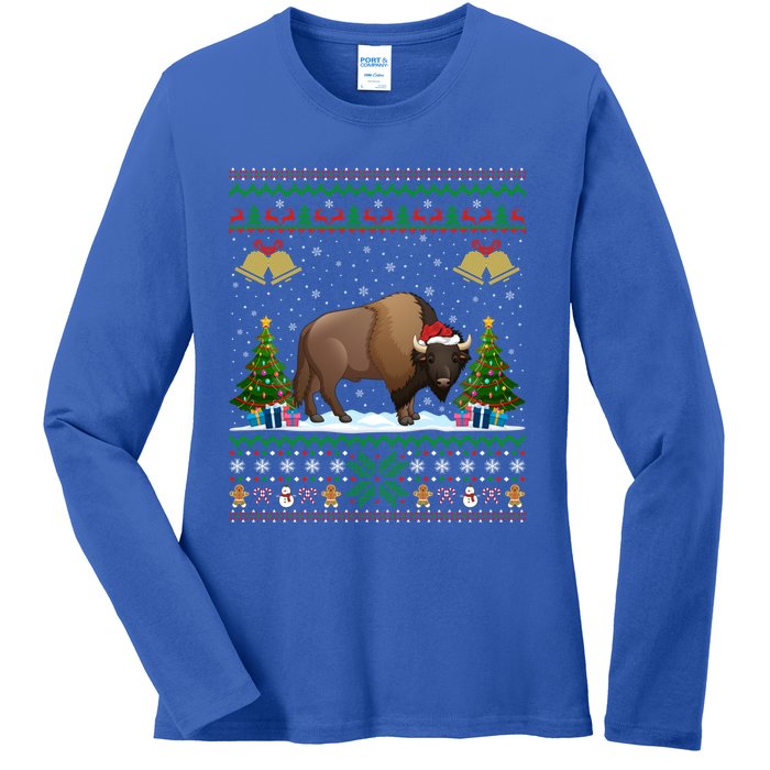 Funny Bison Xmas Gift Santa Hat Ugly Bison Christmas Cute Gift Ladies Long Sleeve Shirt