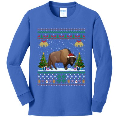 Funny Bison Xmas Gift Santa Hat Ugly Bison Christmas Cute Gift Kids Long Sleeve Shirt