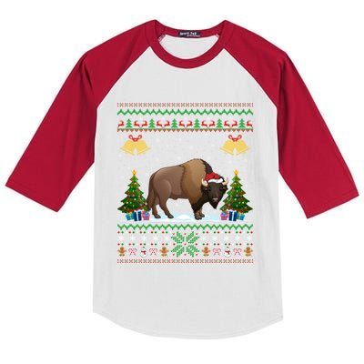 Funny Bison Xmas Gift Santa Hat Ugly Bison Christmas Cute Gift Kids Colorblock Raglan Jersey