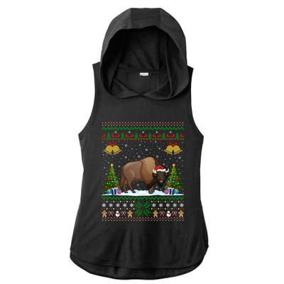 Funny Bison Xmas Gift Santa Hat Ugly Bison Christmas Gift Ladies PosiCharge Tri-Blend Wicking Draft Hoodie Tank