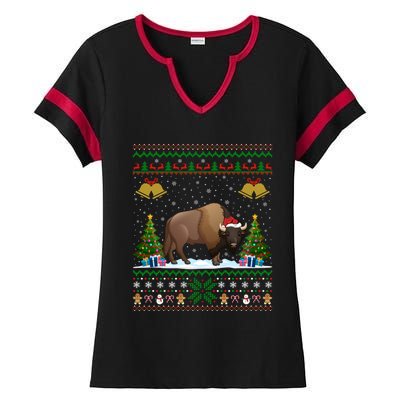 Funny Bison Xmas Gift Santa Hat Ugly Bison Christmas Gift Ladies Halftime Notch Neck Tee