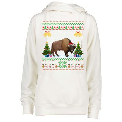 Funny Bison Xmas Gift Santa Hat Ugly Bison Christmas Gift Womens Funnel Neck Pullover Hood