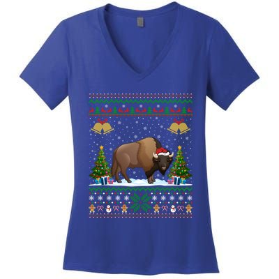 Funny Bison Xmas Gift Santa Hat Ugly Bison Christmas Gift Women's V-Neck T-Shirt