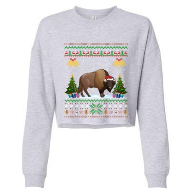 Funny Bison Xmas Gift Santa Hat Ugly Bison Christmas Gift Cropped Pullover Crew