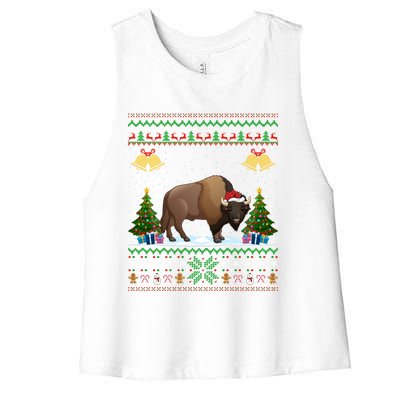 Funny Bison Xmas Gift Santa Hat Ugly Bison Christmas Gift Women's Racerback Cropped Tank