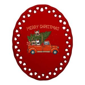 French Bulldog Xmas Red Pickup Retro Truck Frenchie Long Sleeve Ceramic Oval Ornament