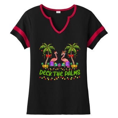 Flamingo Bird Xmas Lights Deck The Palm Flamingo Christmas Cool Gift Ladies Halftime Notch Neck Tee