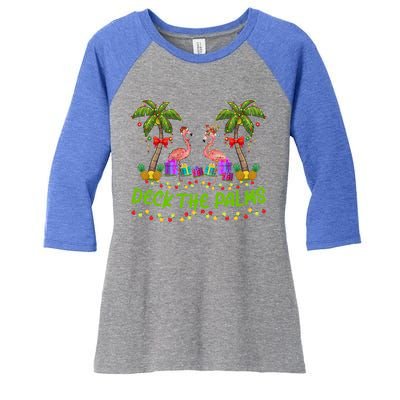 Flamingo Bird Xmas Lights Deck The Palm Flamingo Christmas Cool Gift Women's Tri-Blend 3/4-Sleeve Raglan Shirt