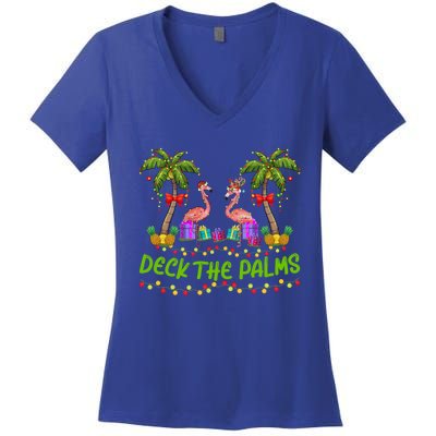 Flamingo Bird Xmas Lights Deck The Palm Flamingo Christmas Cool Gift Women's V-Neck T-Shirt