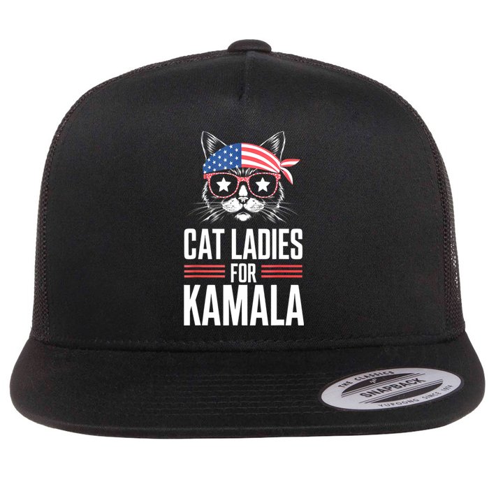 Funny Cat 2024 President Kamala Harris Cat Ladies For Kamala Gift Flat Bill Trucker Hat