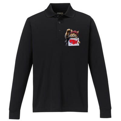 Funny Cat 2024 We Saved America Presidential Election Map Performance Long Sleeve Polo