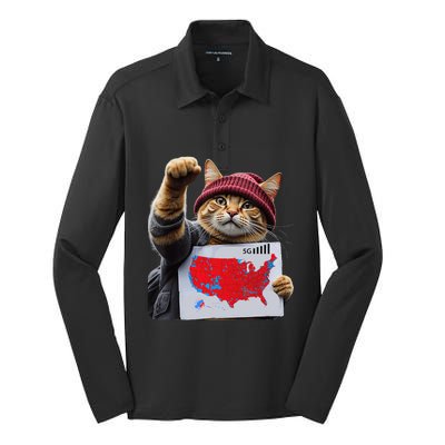 Funny Cat 2024 We Saved America Presidential Election Map Silk Touch Performance Long Sleeve Polo