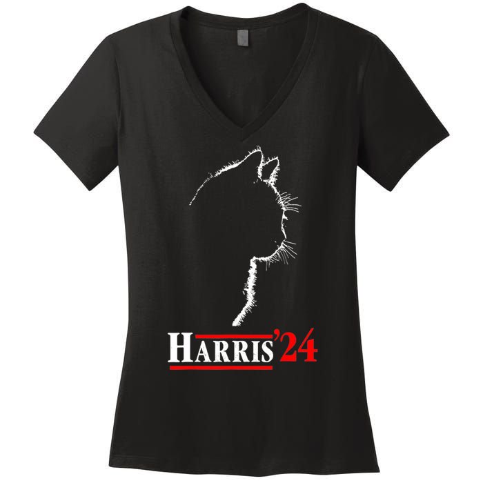 Funny Cat 2024 President Kamala Harris Cat Ladies For Kamala Gift Women's V-Neck T-Shirt