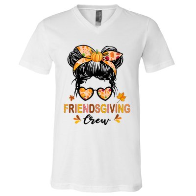 Friendsgiving Crew 2024 Thanksgiving Fall Autumn Messy Bun V-Neck T-Shirt