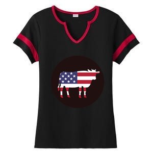 Farm Cattle 4th Of July Gift Cow American Flag Heifer Funny Gift Ladies Halftime Notch Neck Tee