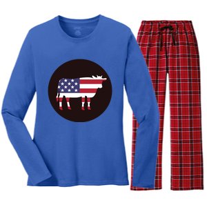 Farm Cattle 4th Of July Gift Cow American Flag Heifer Funny Gift Women's Long Sleeve Flannel Pajama Set 