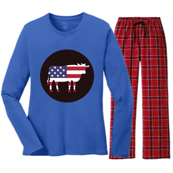 Farm Cattle 4th Of July Gift Cow American Flag Heifer Funny Gift Women's Long Sleeve Flannel Pajama Set 