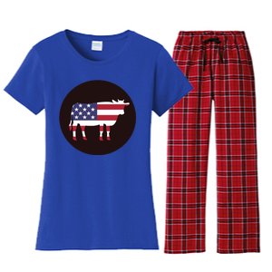 Farm Cattle 4th Of July Gift Cow American Flag Heifer Funny Gift Women's Flannel Pajama Set