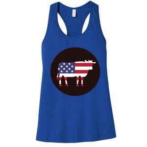 Farm Cattle 4th Of July Gift Cow American Flag Heifer Funny Gift Women's Racerback Tank