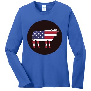 Farm Cattle 4th Of July Gift Cow American Flag Heifer Funny Gift Ladies Long Sleeve Shirt