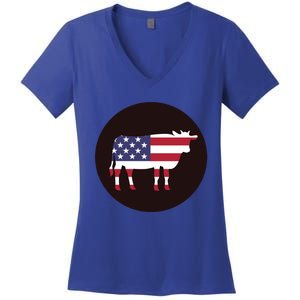 Farm Cattle 4th Of July Gift Cow American Flag Heifer Funny Gift Women's V-Neck T-Shirt