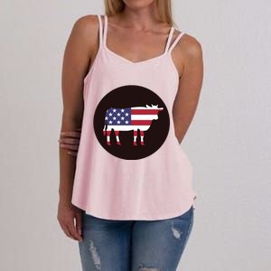 Farm Cattle 4th Of July Gift Cow American Flag Heifer Funny Gift Women's Strappy Tank