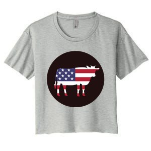 Farm Cattle 4th Of July Gift Cow American Flag Heifer Funny Gift Women's Crop Top Tee