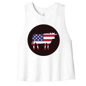 Farm Cattle 4th Of July Gift Cow American Flag Heifer Funny Gift Women's Racerback Cropped Tank