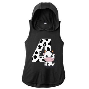 Farm Cow 4th Birthday 4 Year Old Birthday Party Ladies PosiCharge Tri-Blend Wicking Draft Hoodie Tank