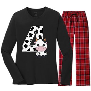 Farm Cow 4th Birthday 4 Year Old Birthday Party Women's Long Sleeve Flannel Pajama Set 