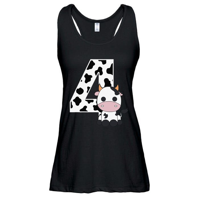 Farm Cow 4th Birthday 4 Year Old Birthday Party Ladies Essential Flowy Tank