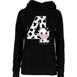 Farm Cow 4th Birthday 4 Year Old Birthday Party Womens Funnel Neck Pullover Hood