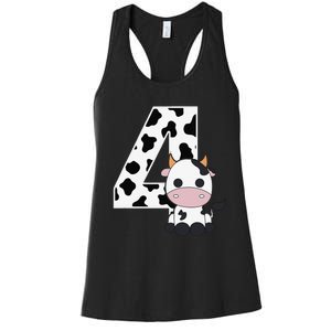 Farm Cow 4th Birthday 4 Year Old Birthday Party Women's Racerback Tank